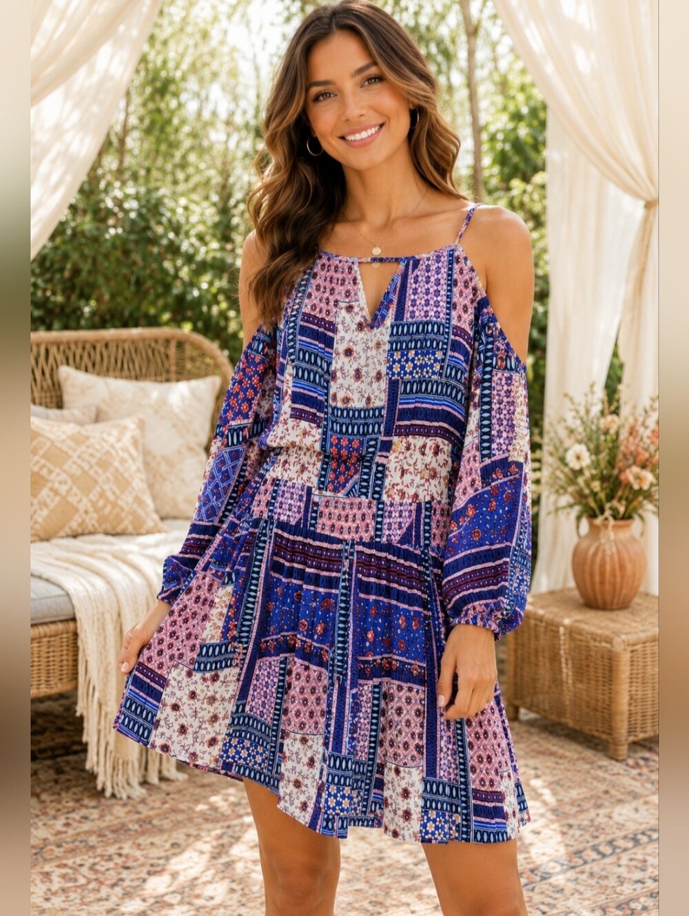 American Eagle Boho Cold Shoulder Patchwork Print Dress NWT Small